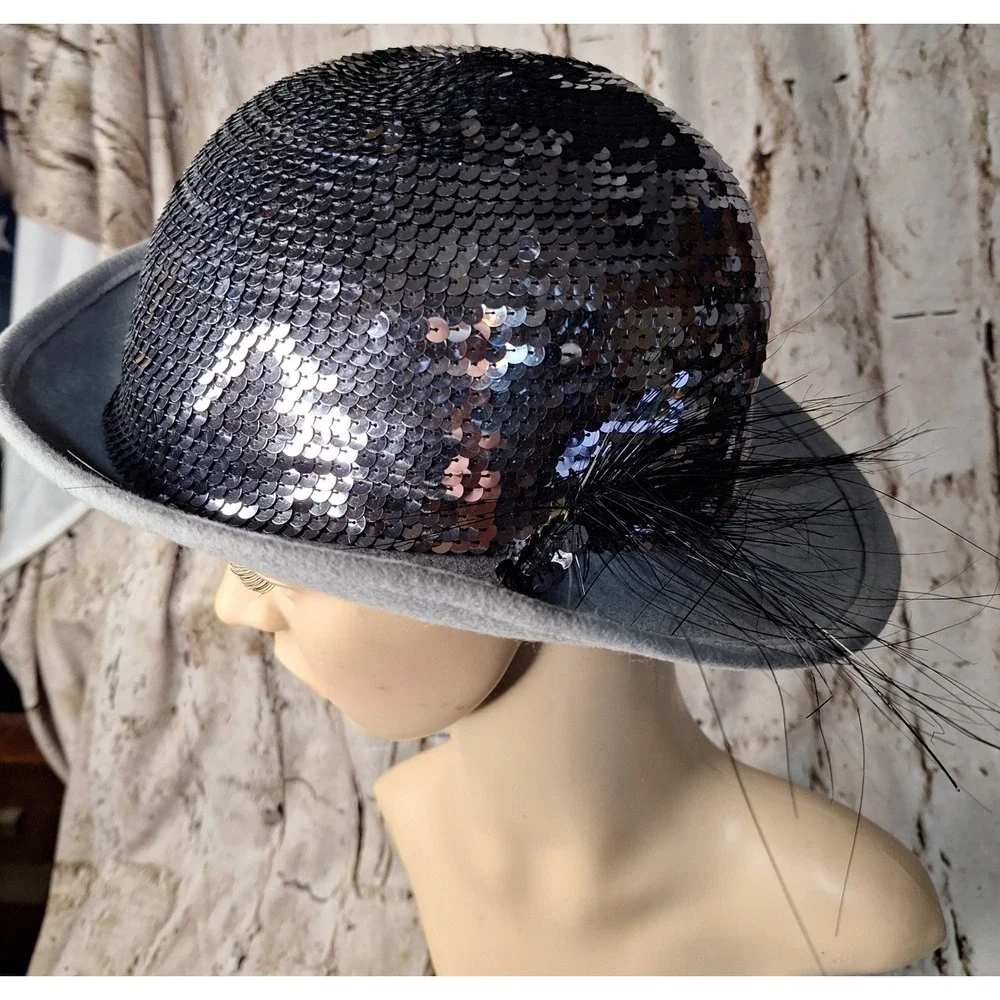 Vintage‎ Lancaster Styled by Coralie Wool Felt Sequin Bowler Hat Grey Black USA